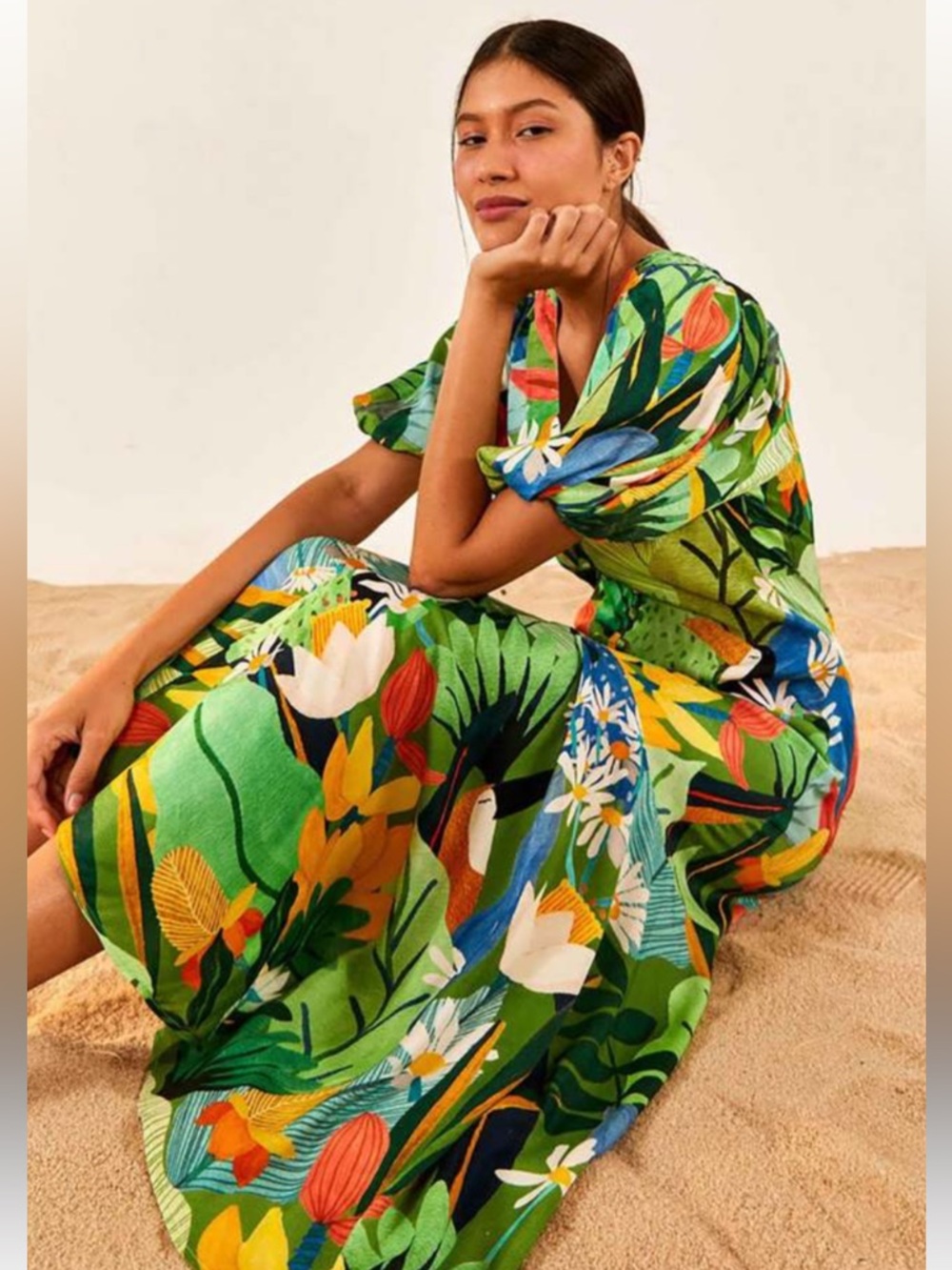 NWOT FARM RIO  UNIQUE TROPICAL FLORAL MIDI DRESS IN SIZE XS. Vacation Ready!
